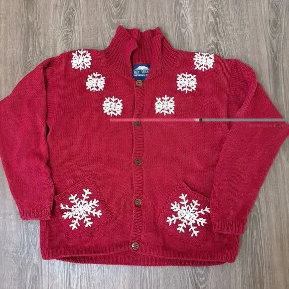 Ray Wear Christmas Sweater Cardigan Snowflake Hand Knit Women’s Sz M Cotton​ - Picture 6 of 12